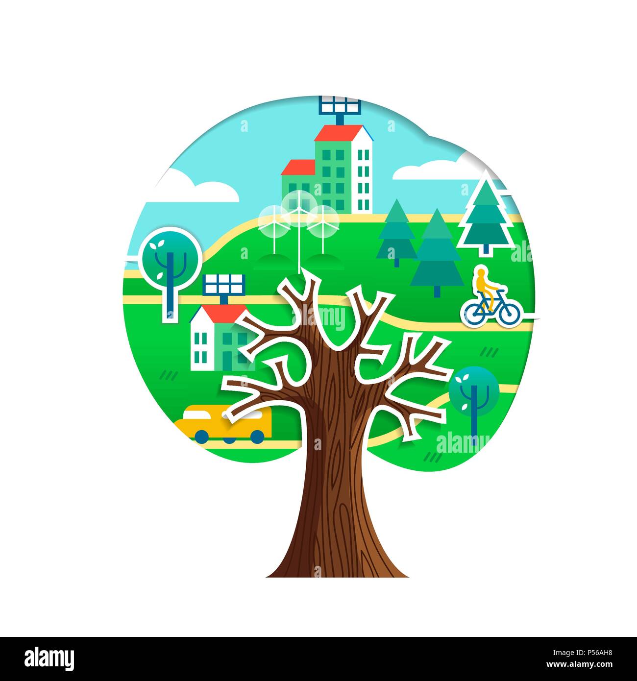 Tree with green city stickers isolated over white. Sustainable community, wind mill turbine, electric cars and smart houses. EPS10 vector. Stock Vector