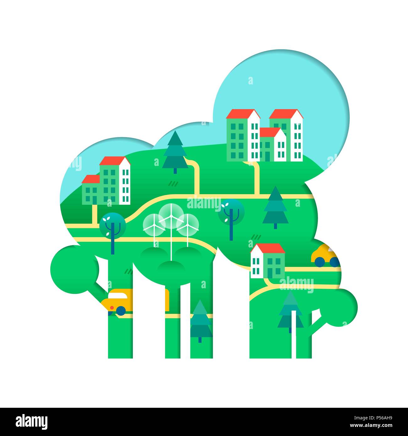 Tree with green city paper cutout. Environment care concept for nature help. Sustainable community includes wind mill turbine, electric cars and smart Stock Vector
