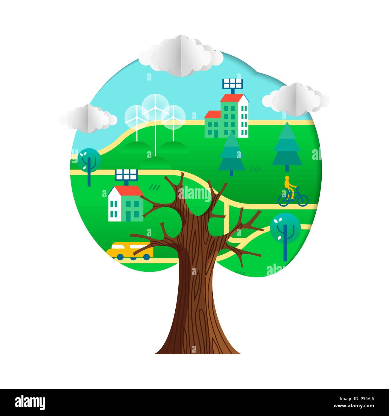 Tree with green city paper cutout. Environment care concept for nature help. Sustainable community includes wind mill turbine, electric cars and smart Stock Vector
