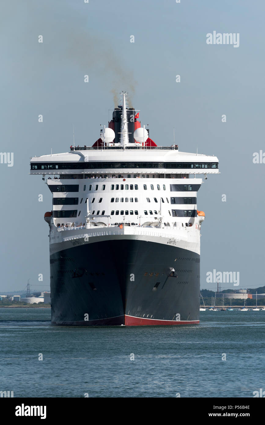 Southampton Water, southern England, UK. 2018, The Queen Mary 2 departing the Queen Elizabeth II Terminal bound for New York USA. Stock Photo