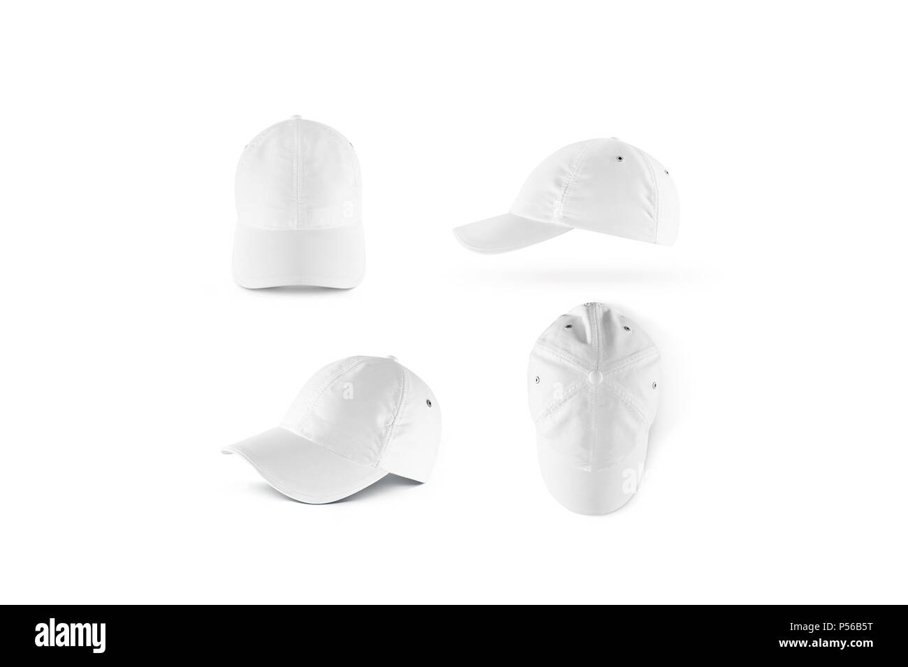Blank white baseball cap mock ups set, isolated. Empty sports hat mockup. Clear snapback front, side and top view. Head wearing dress presenation Stock Photo