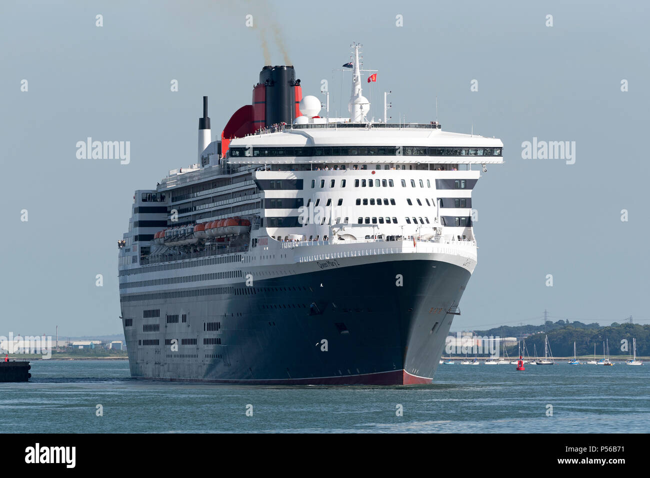 Southampton Water, southern England, UK. 2018, The Queen Mary 2 departing the Queen Elizabeth II Terminal bound for New York USA. Stock Photo