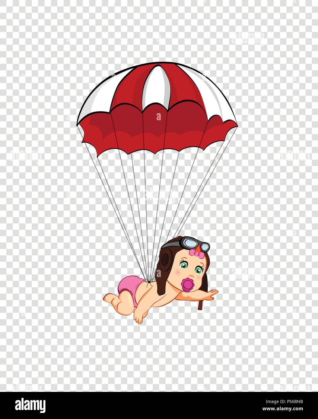 Its a girl cartoon vector clip art with cute baby in pilot hat falling down with red parachute on transparent background. Baby shower greeting card de Stock Vector