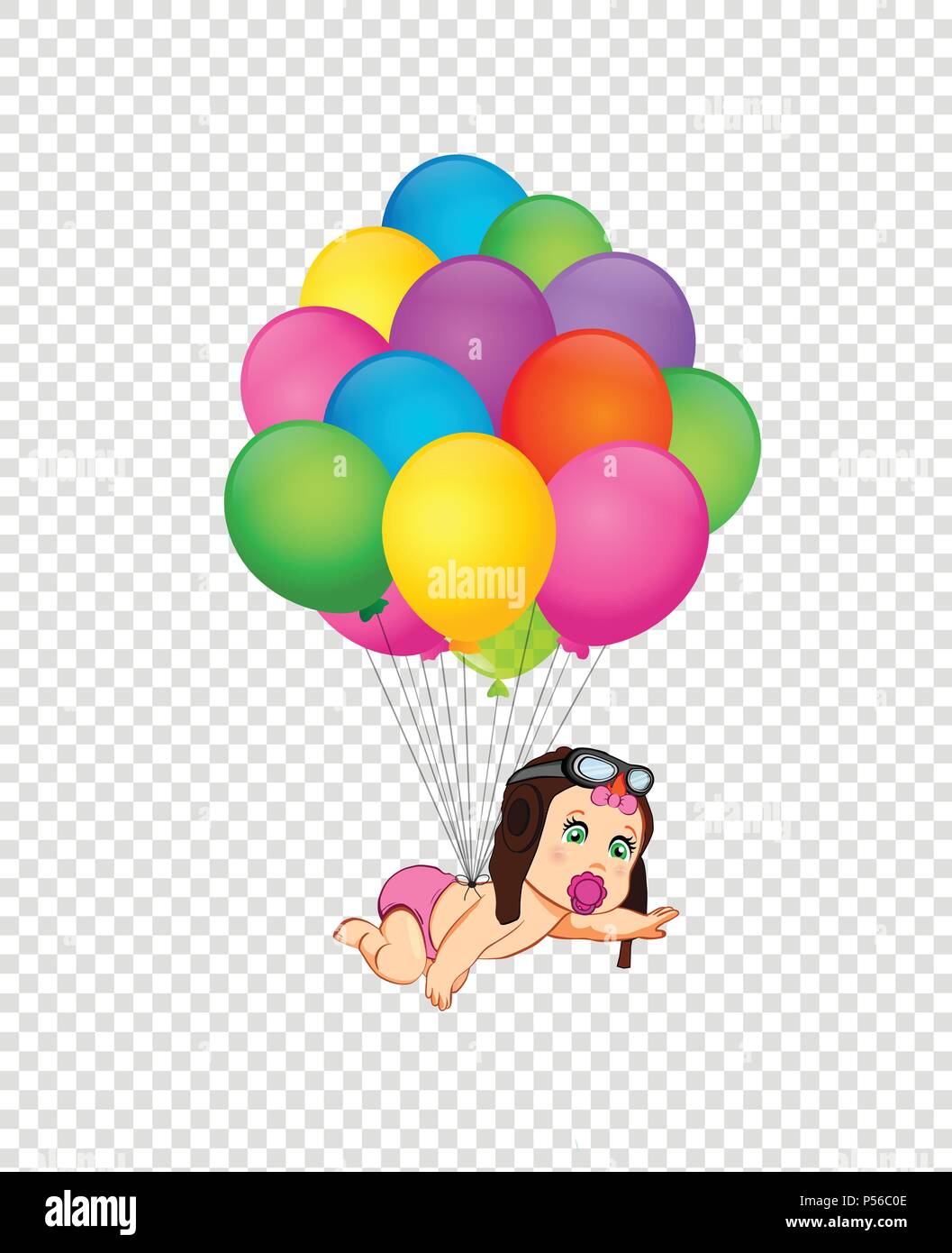 Its a girl cartoon vector illustration with cute baby girl in pilot hat flying on bunch of colorful helium balloons on transparent background. Baby sh Stock Vector