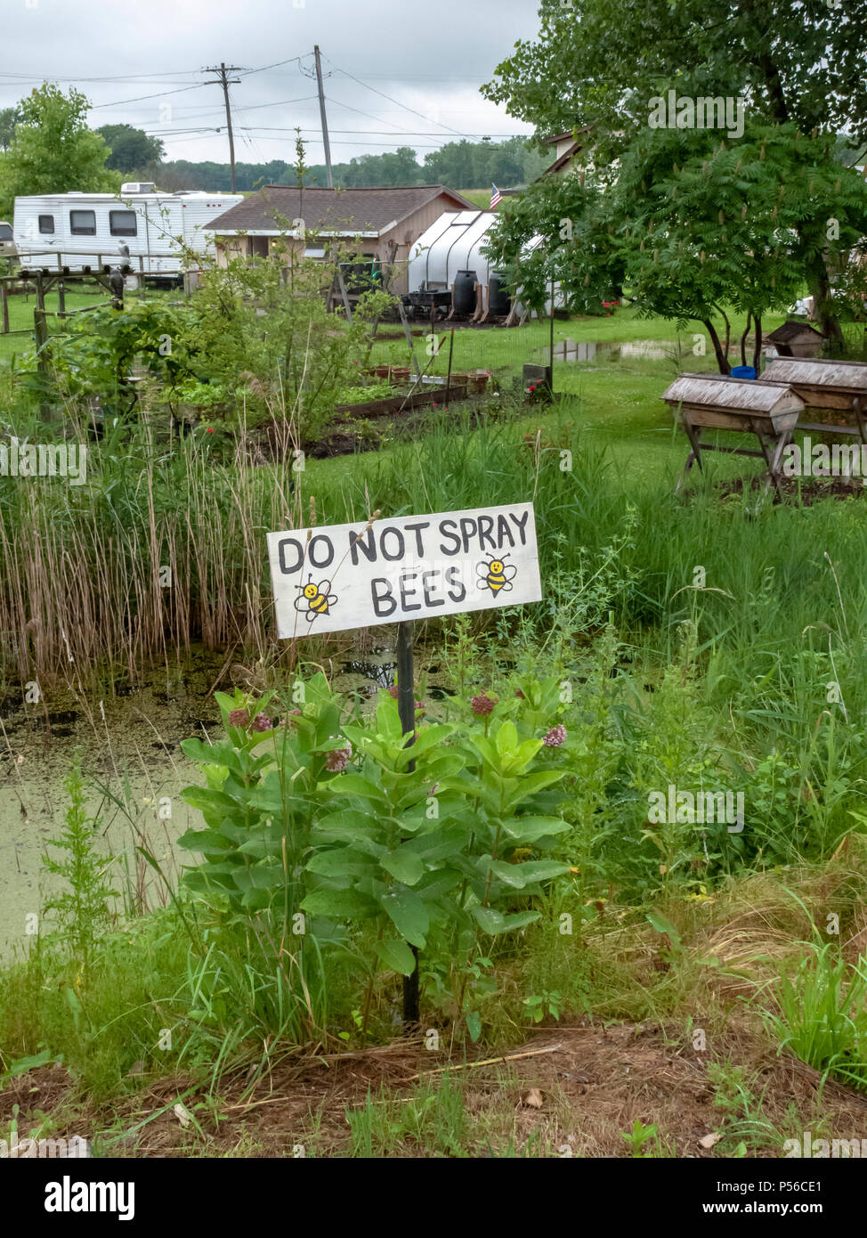 Harsens Island, Michigan - A homemade sign asks workers to avoid spraying chemicals on the roadside in order to protect honey bees. Stock Photo