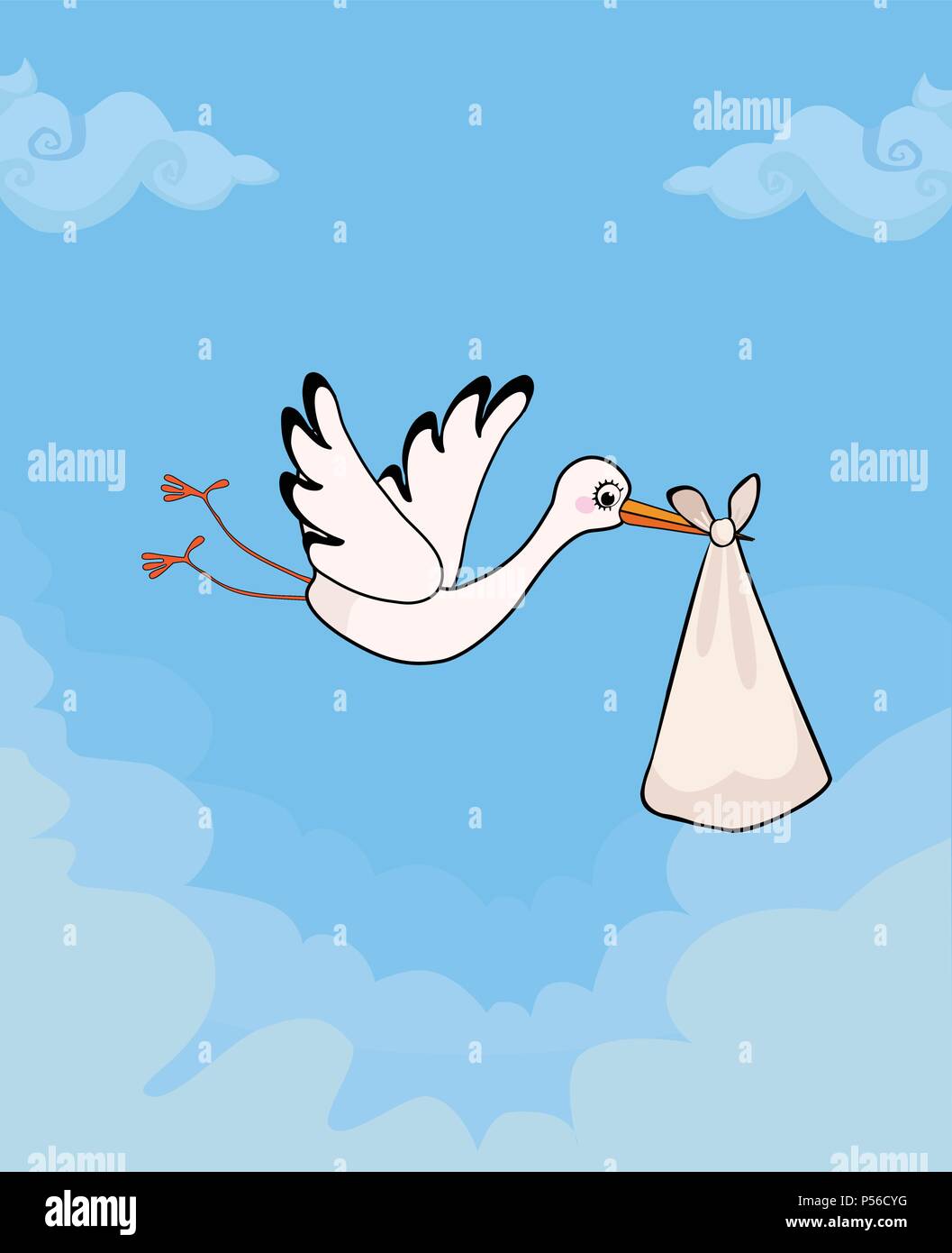 Cartoon vector illustration of cute stork delivering baby bundle on blue cloudy sky background. Baby shower greeting card design. Newborn arrival. Stock Vector