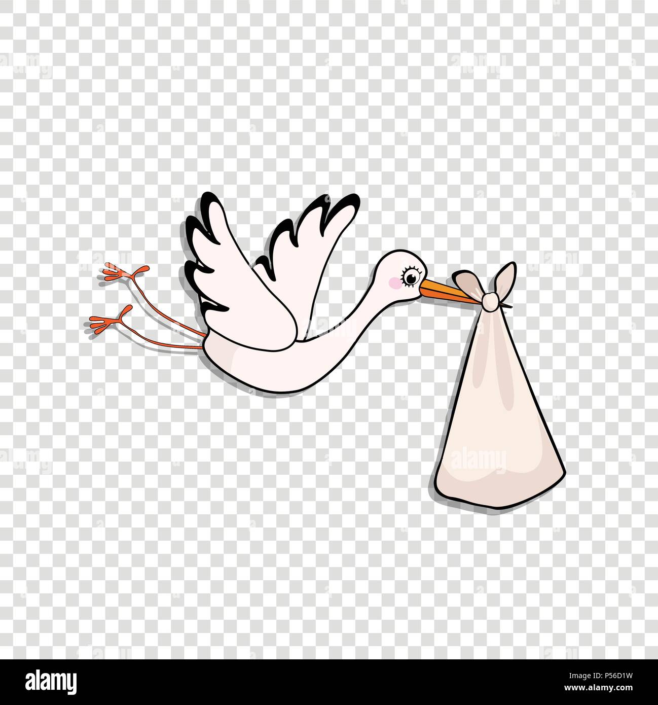 Cartoon vector illustration of cute stork delivering baby bundle isolated on transparent background. Baby shower clip art or sticker for greeting card Stock Vector