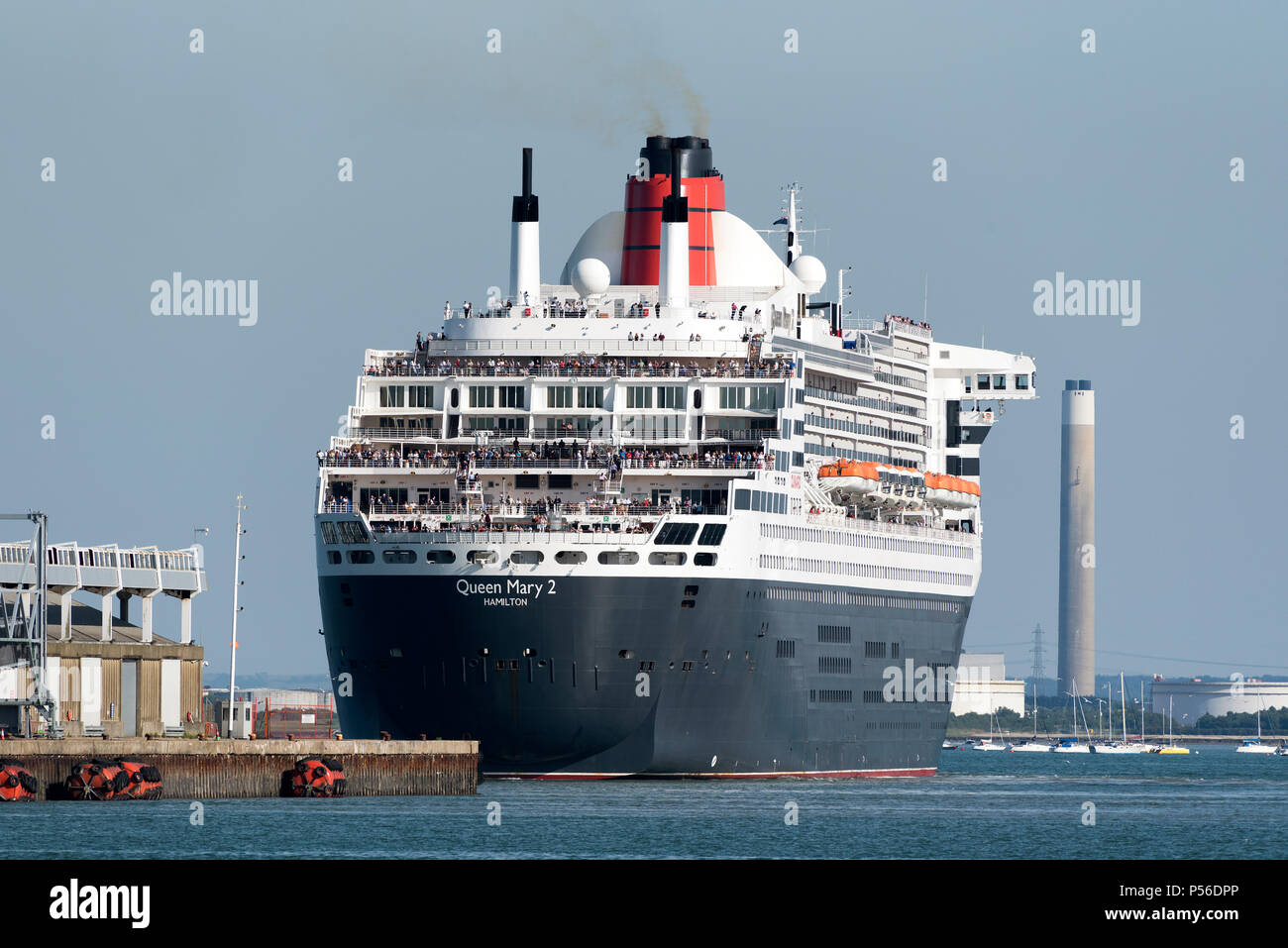 Southampton Water, southern England, UK. 2018, The Queen Mary 2 leaving the QE 11 Terminal Stock Photo