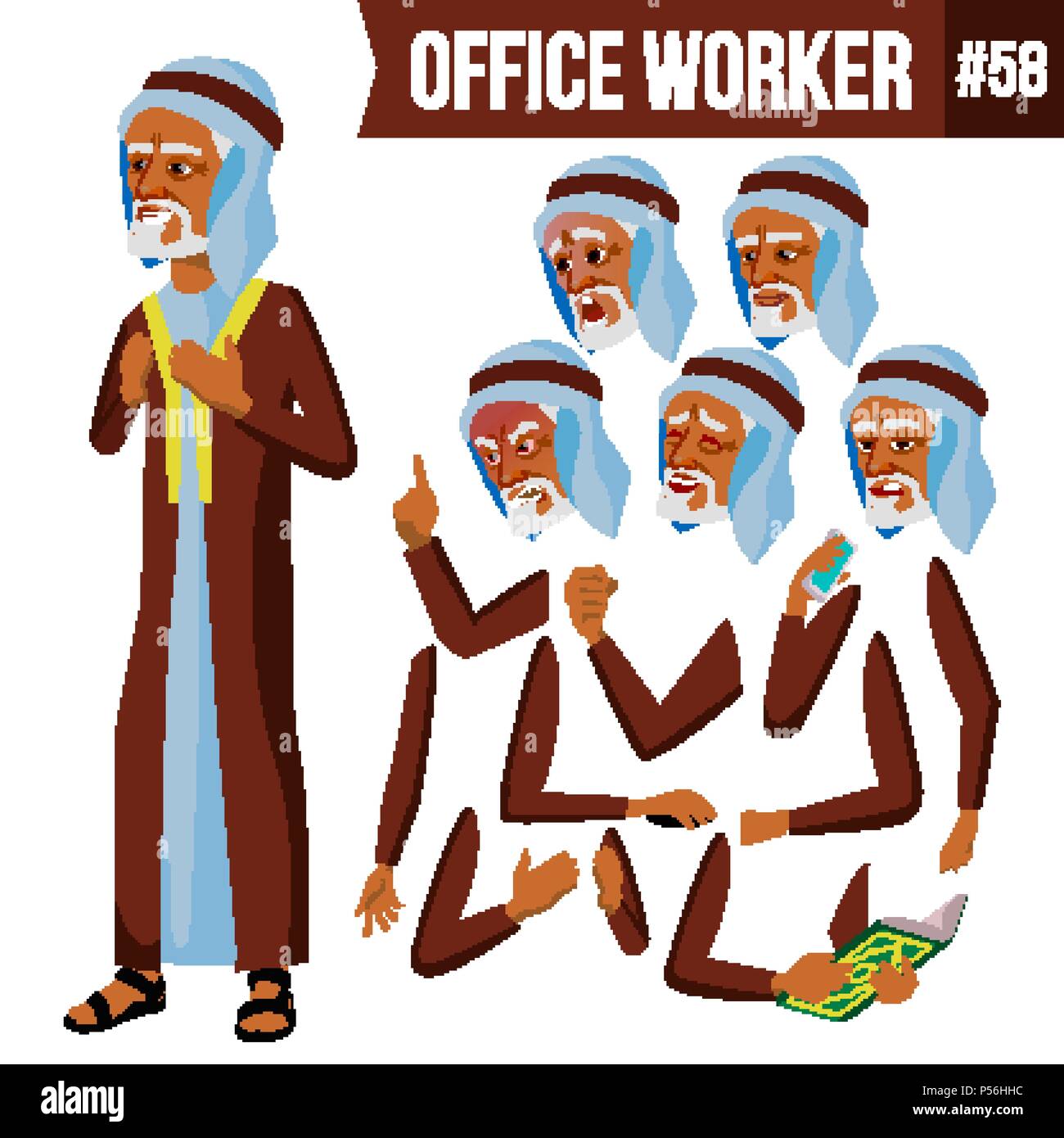 Arab Office Worker Vector. Arab, Muslim. Face Emotions, Various Gestures. Animation Creation Set. Businessman Human. Modern Cabinet Employee, Workman, Laborer. Illustration Stock Vector