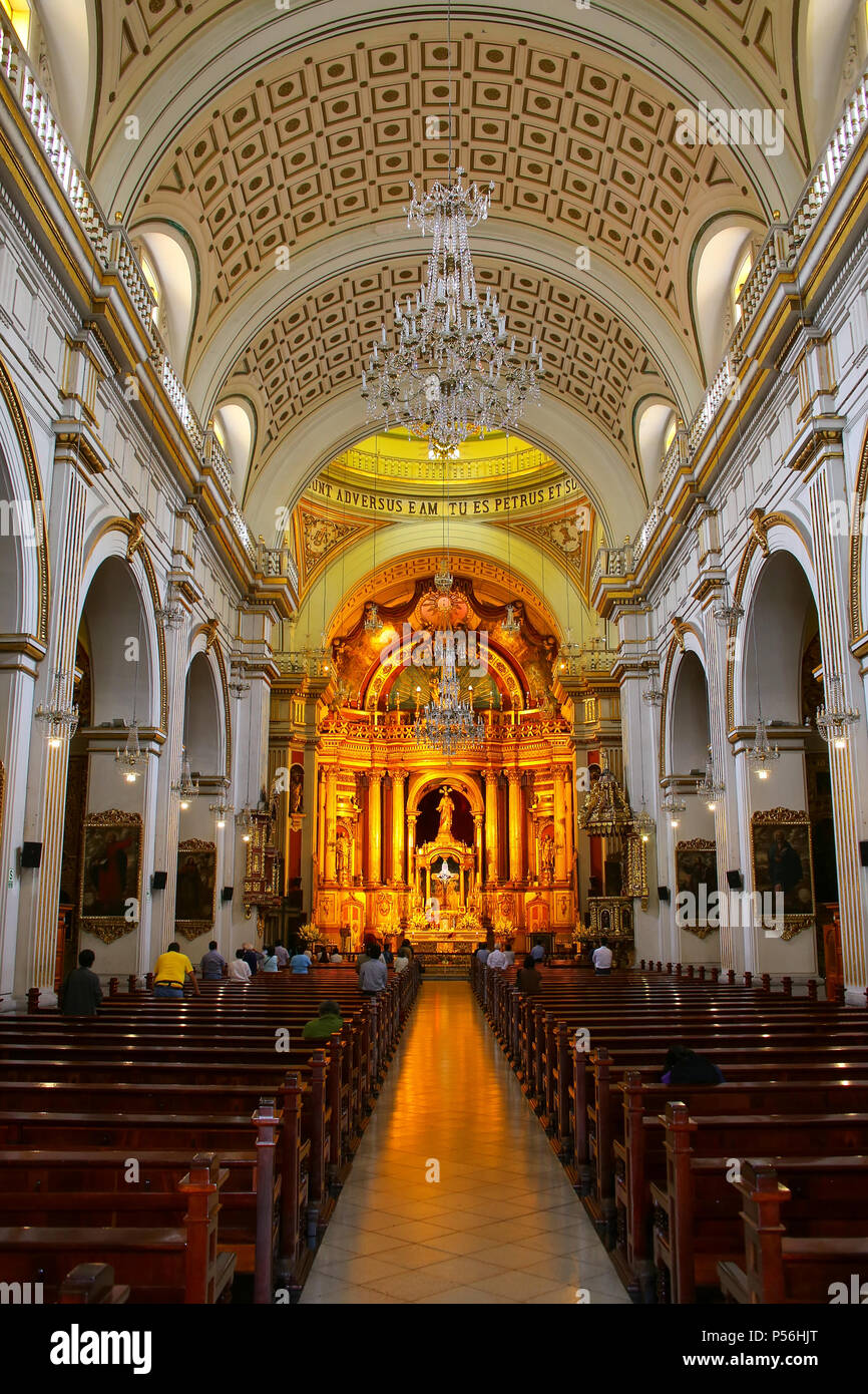 Interior of Saint Peter Church in Lima, Peru. This church is part of the Historic Centre of Lima, which was added to the UNESCO World Heritage List in Stock Photo