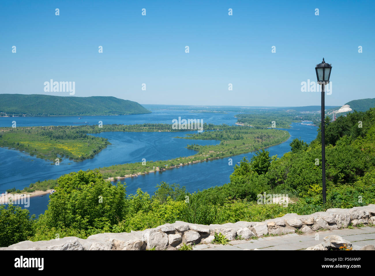 Panoramic view of the river Volga from a helicopter platform the city of Samara Russia. Stock Photo