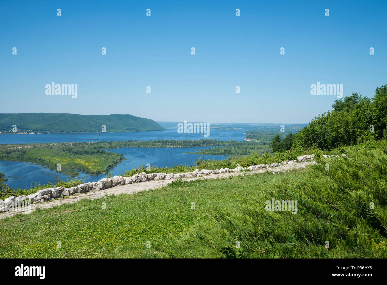 Panoramic view of the river Volga from a helicopter platform the city of Samara Russia. Stock Photo