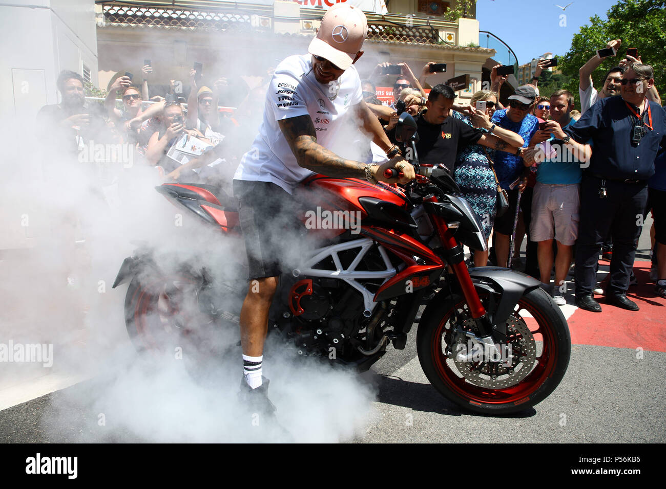 Lewis Hamilton tries out a motorcycle during the test day for the Monaco  Grand Prix Featuring: Lewis Hamilton Where: Monte Carlo, Monaco When: 25  May 2018 Credit: IPA/WENN.com **Only available for publication
