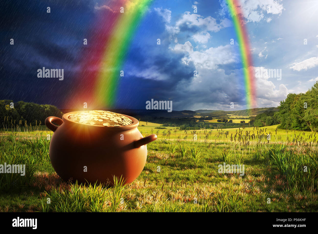 Pot full of gold at the end of the rainbow. Stock Photo