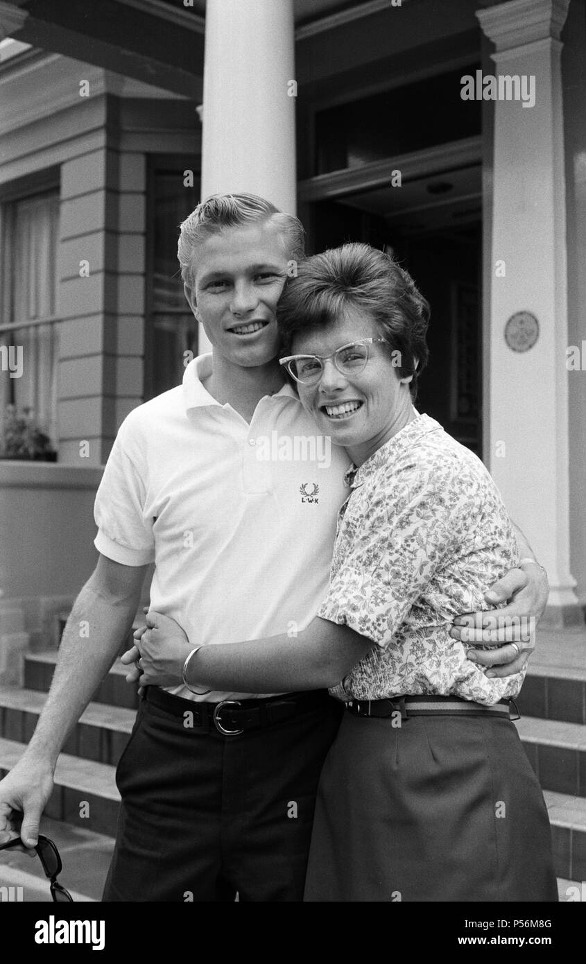 Billie Jean King and her husband Larry before they leave for Wales where Billie  Jean plays in the Welsh Tennis Championships. 3rd July 1966 Stock Photo -  Alamy