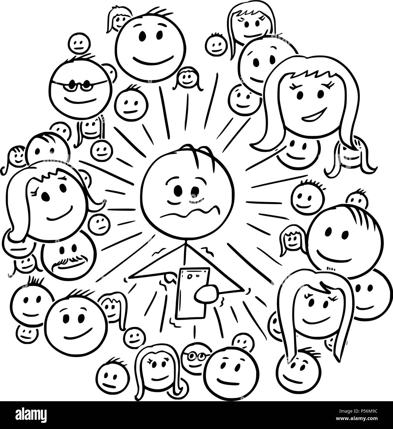 Cartoon of Frustrated Man and His Social Network Connections Stock Vector