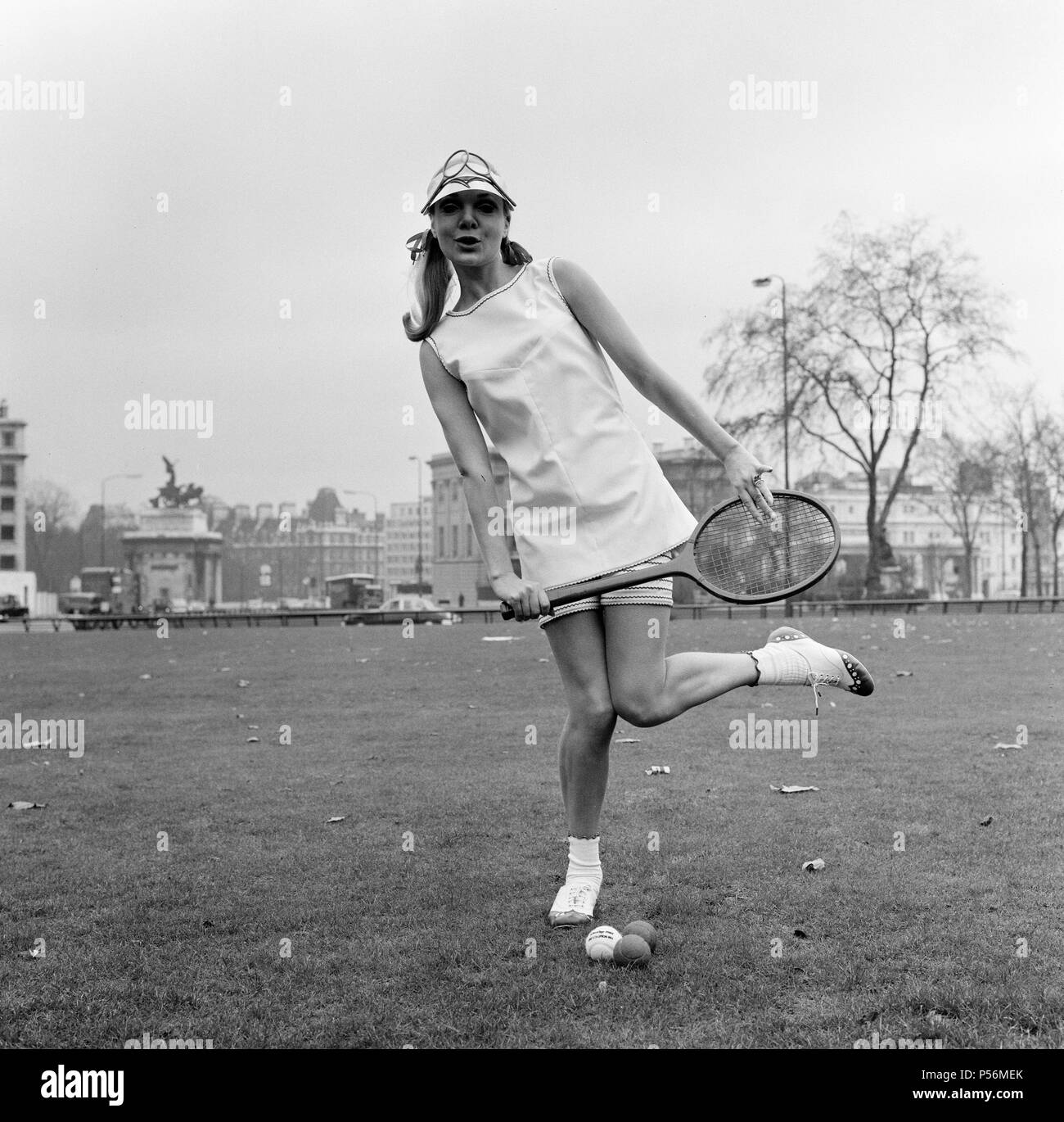 Ted Tinling designed 1967 Tennis Wear Fashion Collection, Hyde Park, London, 5th January 1967. Our Picture Shows ... Shirley Osborne wearing Ted Tinling shift and striped bottoms in Dracron polyester fibre and cotton. Stock Photo