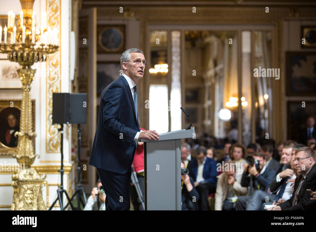 NATO Secretary General Jens Stoltenberg gave a pre-Summit address on Thursday 21st June 2018 at Lancaster House in London, England, UK Stock Photo