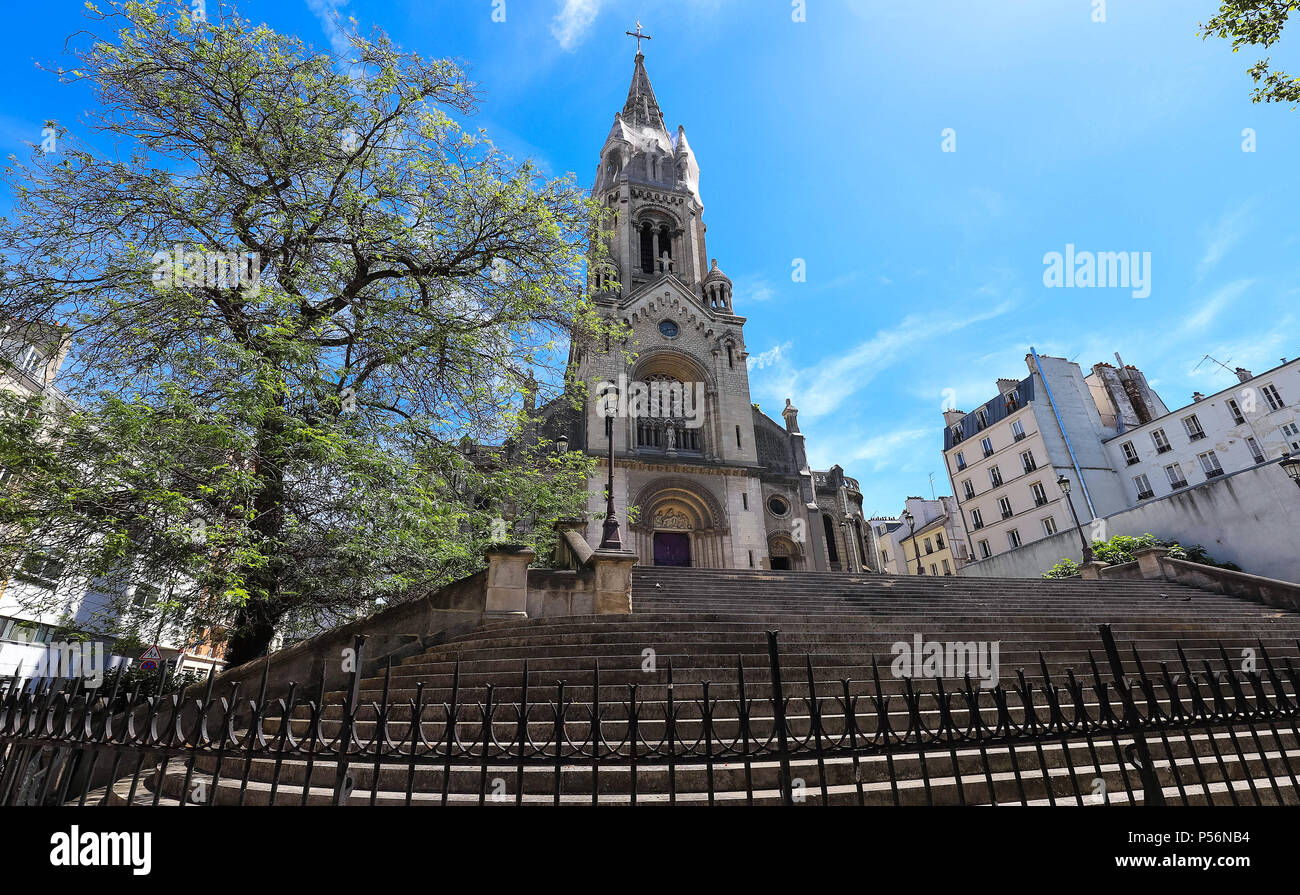 The Church of Our Lady of the Holy Cross of Menilmontant- Notre-Dame-de-la-Croix de Menilmontant in French is a Roman Catholic parish church located on M nilmontant, in the 20th arrondissement of Paris. Stock Photo