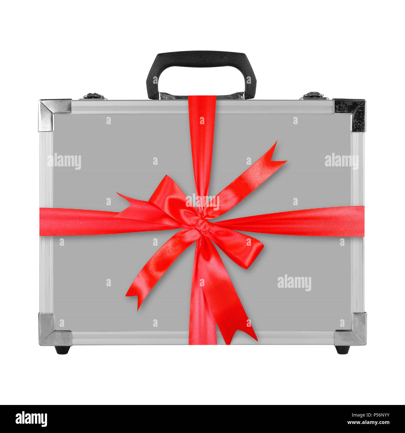Construction, repair, tools - Grey gift box red bow case for tools isolated on white background. Stock Photo