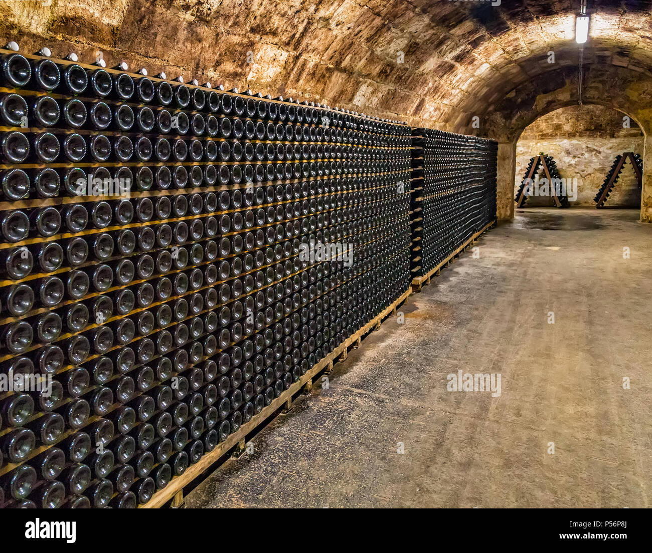 Sparkling wine cellar of famous Hungarian Törley Champagne Factory.Törley sparkling wines dates