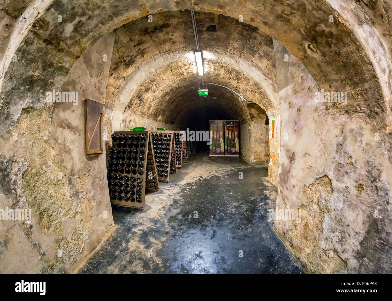 Sparkling wine cellar of famous Hungarian Törley Champagne Factory.Törley sparkling wines dates back to almost 150 years, Stock Photo