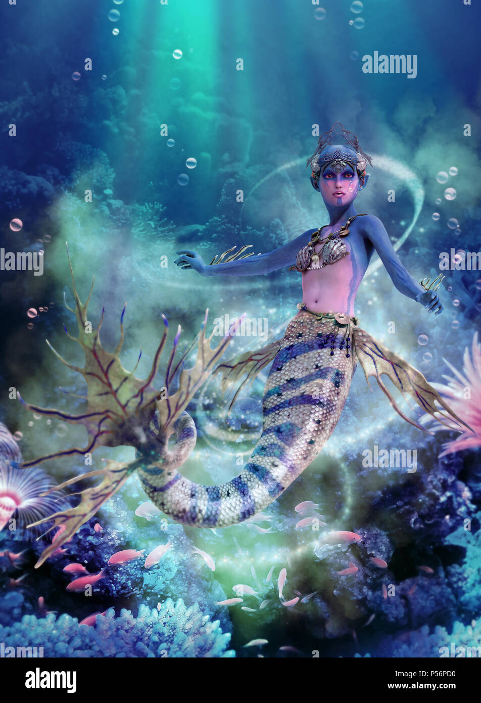 3D computer graphics of a purple blue mermaid Stock Photo