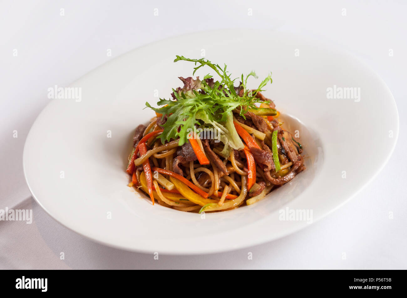 Stir fried spaghetti with beef Stock Photo