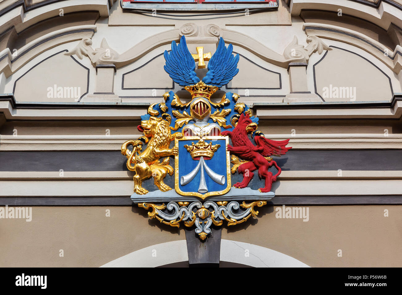 Stralsund, Germany - May 12, 2018: antique crest at an historical house in Stralsund. The old town of Stralsund is listed as UNESCO world heritage sit Stock Photo