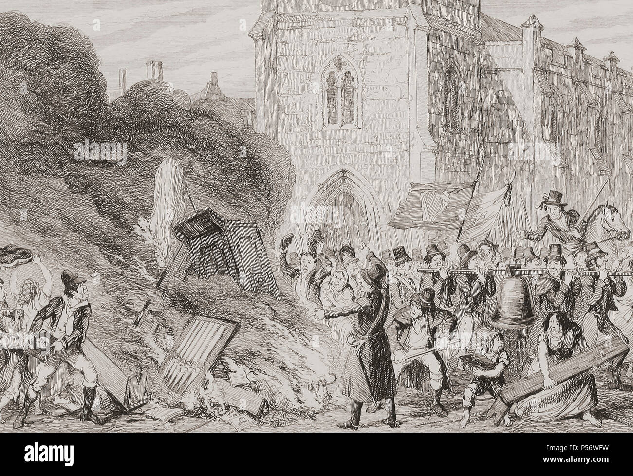 “Destruction of the Church at Enniscorthy”. Illustration by George Cruikshank. An incident during the Irish Rebellion of 1798.  From History of the Irish Rebellion in 1798; with Memoirs of the Union, and Emmett’s Insurrection in 1803 by W.H. Maxwell. Published in London 1854. Stock Photo