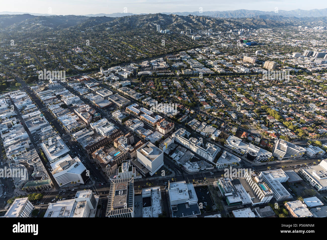 Aerial view of Beverly Hills California with West Hollywood, Los Angeles and the Santa Monica Mountains in background. Stock Photo