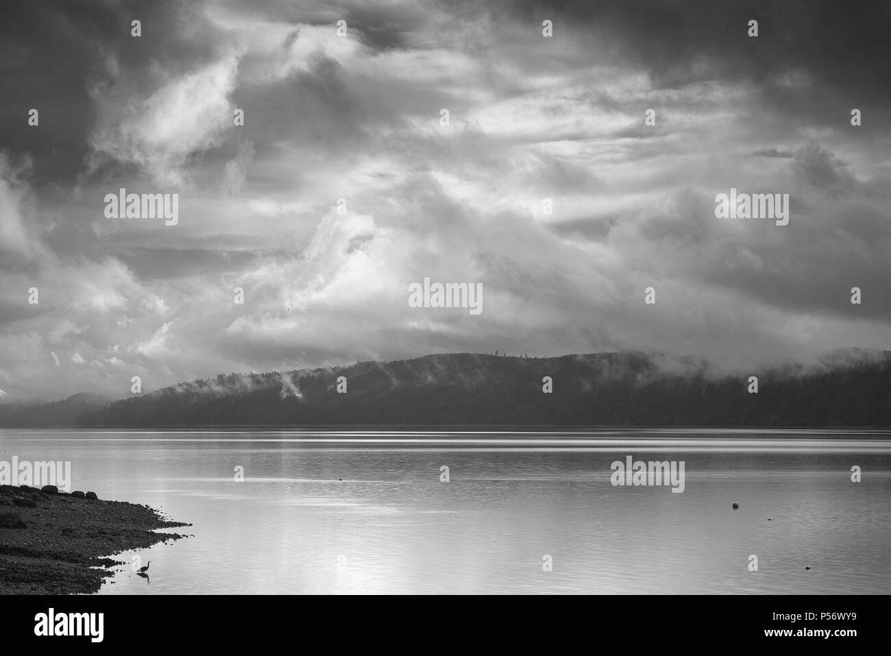 A black and white photo of Hood Canal, Washington as a storm approaches. Stock Photo
