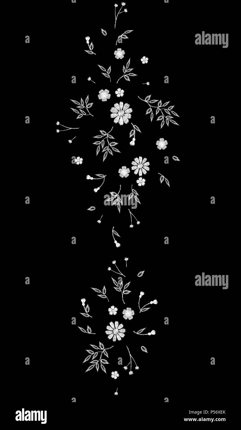 Tiny field flower realistic embroidery. Wild herbs daisy textile print decoration black fashion traditional vector illustration vintage design template. Seamless border ditsy ornament Stock Vector
