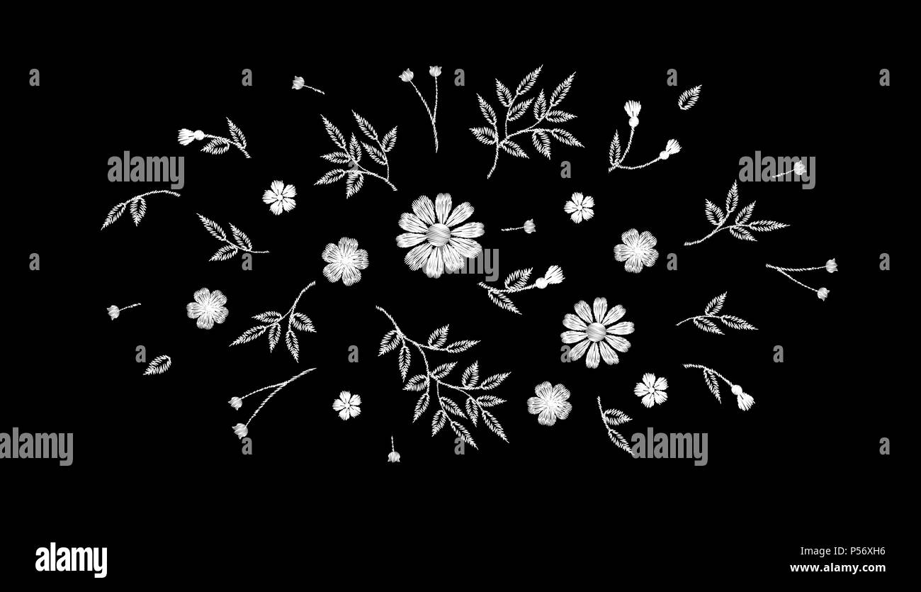 Tiny field flower realistic embroidery. Wild herbs daisy textile print decoration black fashion traditional vector illustration vintage design template. Monochrome white lace ditsy ornament Stock Vector
