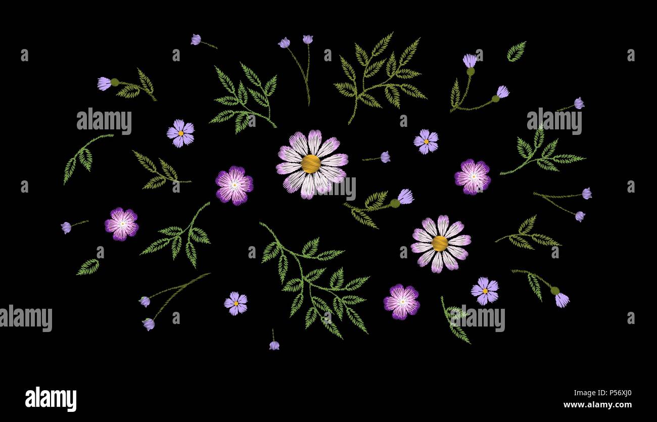 Tiny field flower realistic embroidery. Wild herbs daisy textile print decoration black fashion traditional vector illustration vintage design template. Chamomile plant floral ditsy ornament Stock Vector