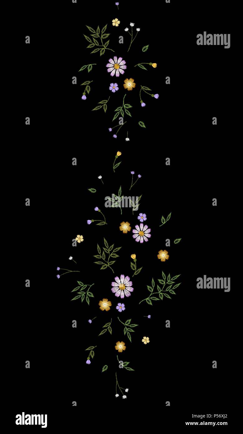Tiny field flower realistic embroidery. Wild herbs daisy textile print decoration black fashion traditional vector illustration vintage design template. Seamless border ditsy ornament Stock Vector