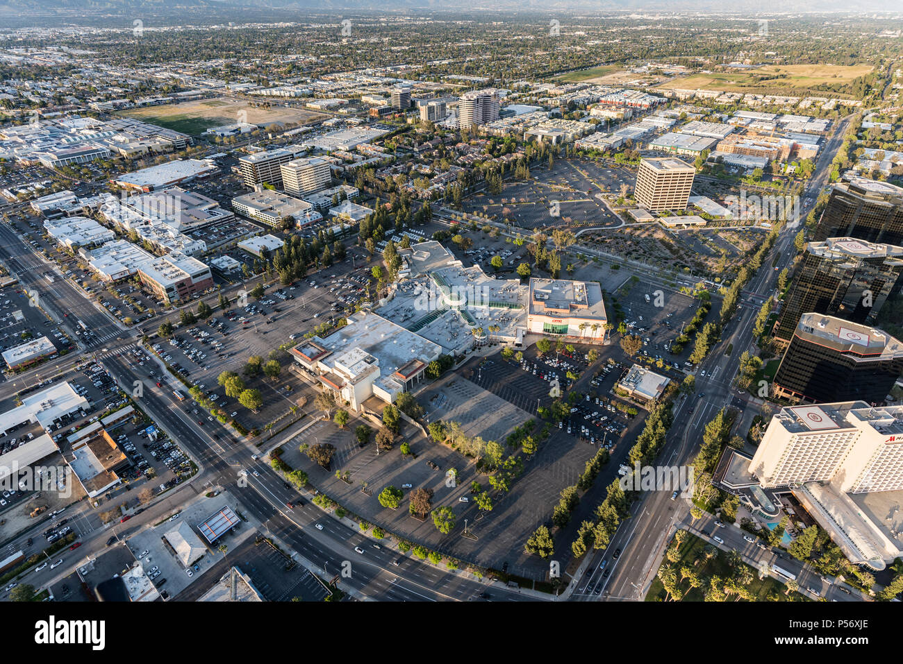 Los Angeles, California, USA - April 18, 2018:  Aerial view of Promenade Mall and Warner Center.  Proposed redevelopment plans include 1430 homes and  Stock Photo