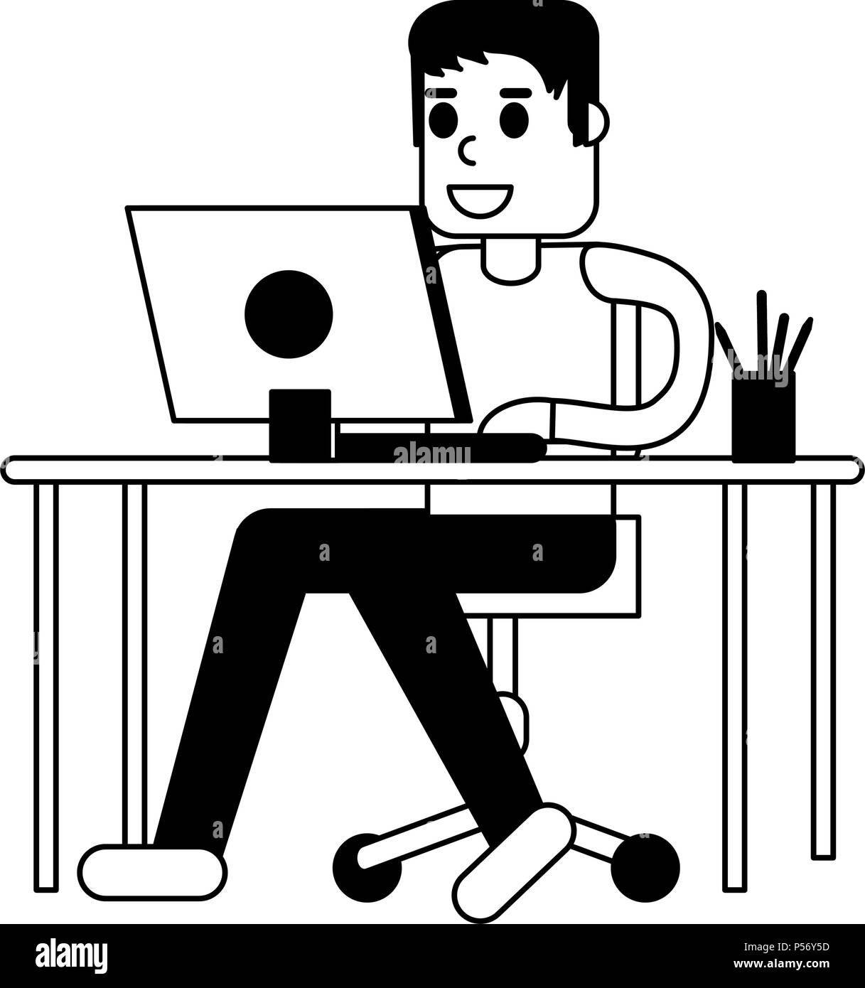 Man working with laptop in black and white Stock Vector Image & Art - Alamy