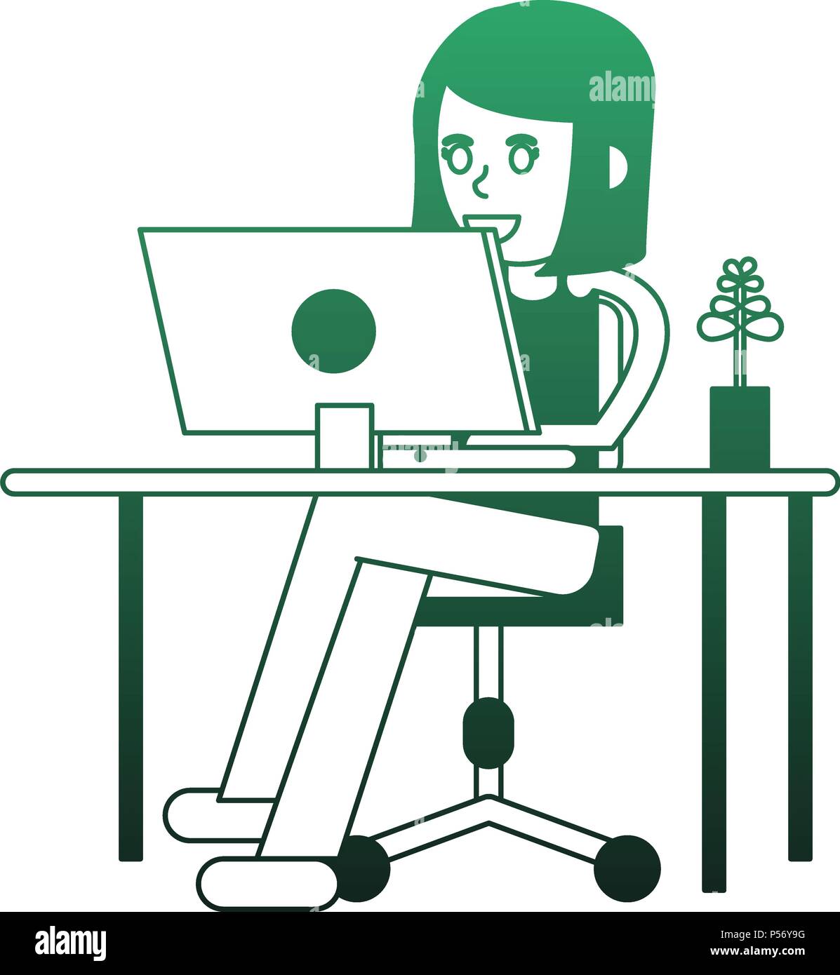 Woman working with laptop green lines Stock Vector