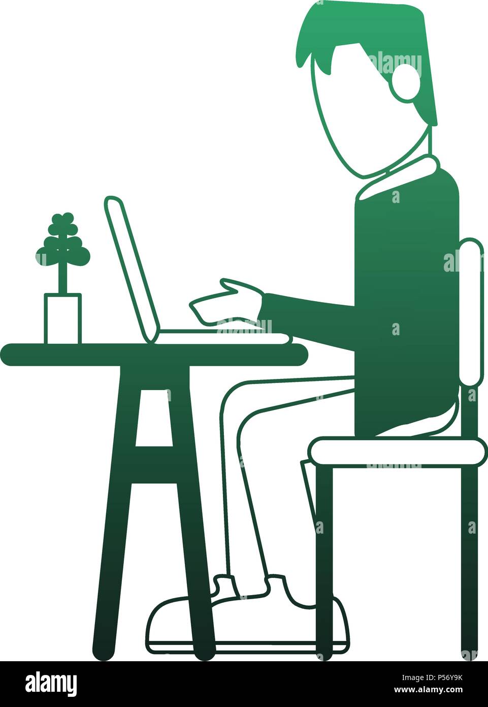 Man working with laptop green lines Stock Vector