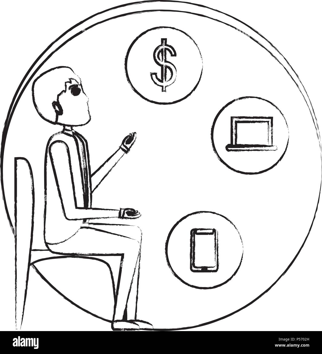 Cartoon businessman thinking with related icons around over white ...