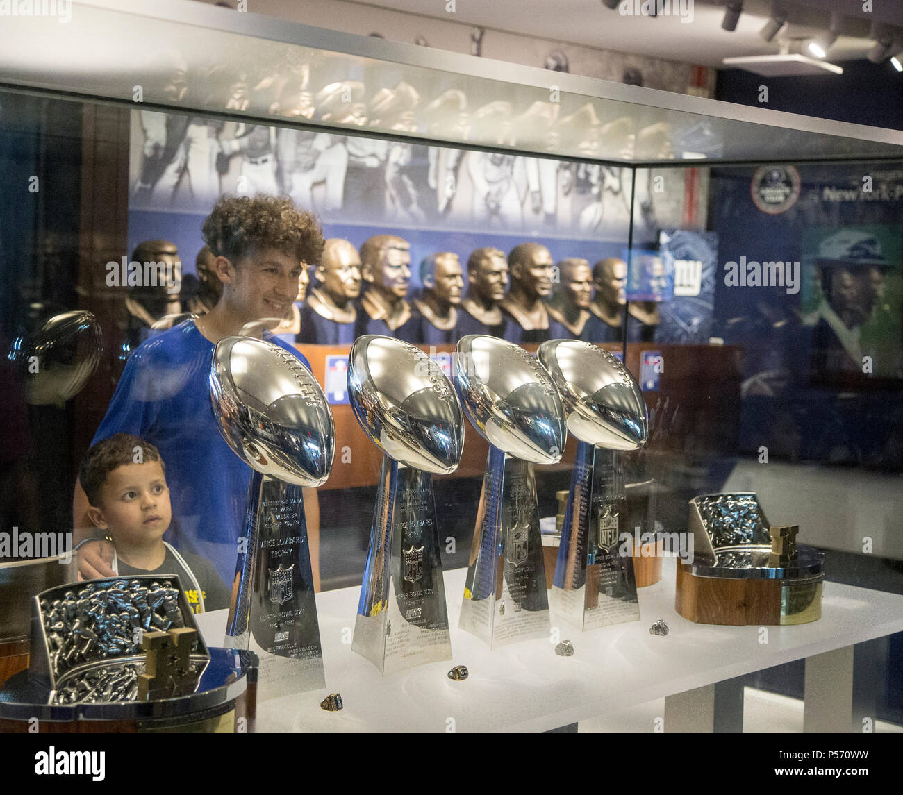 New York Giants Super Bowl trophies on display in the Legacy Club at MetLife Stadium Stock Photo