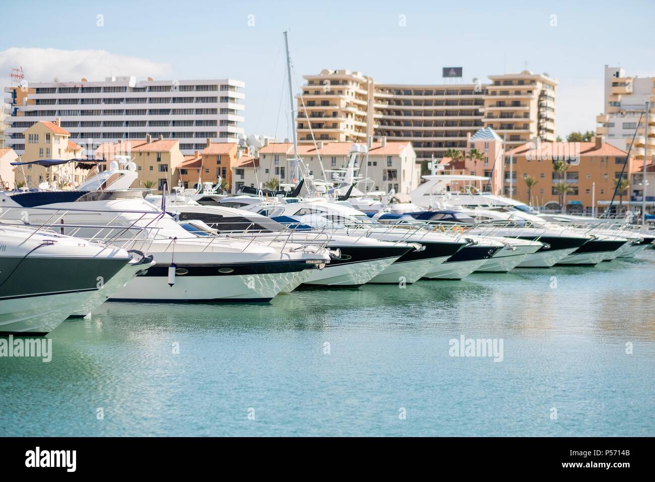 Marina with luxurious yachts and sailboats in Vilamoura, Quarteira, Algarve, Portugal Stock Photo