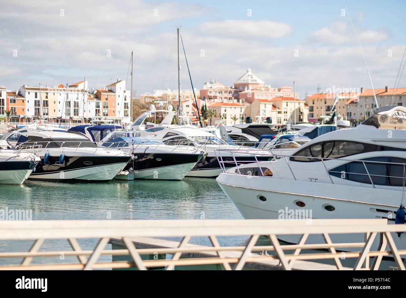 Marina with luxurious yachts and sailboats in Vilamoura, Quarteira, Algarve, Portugal Stock Photo