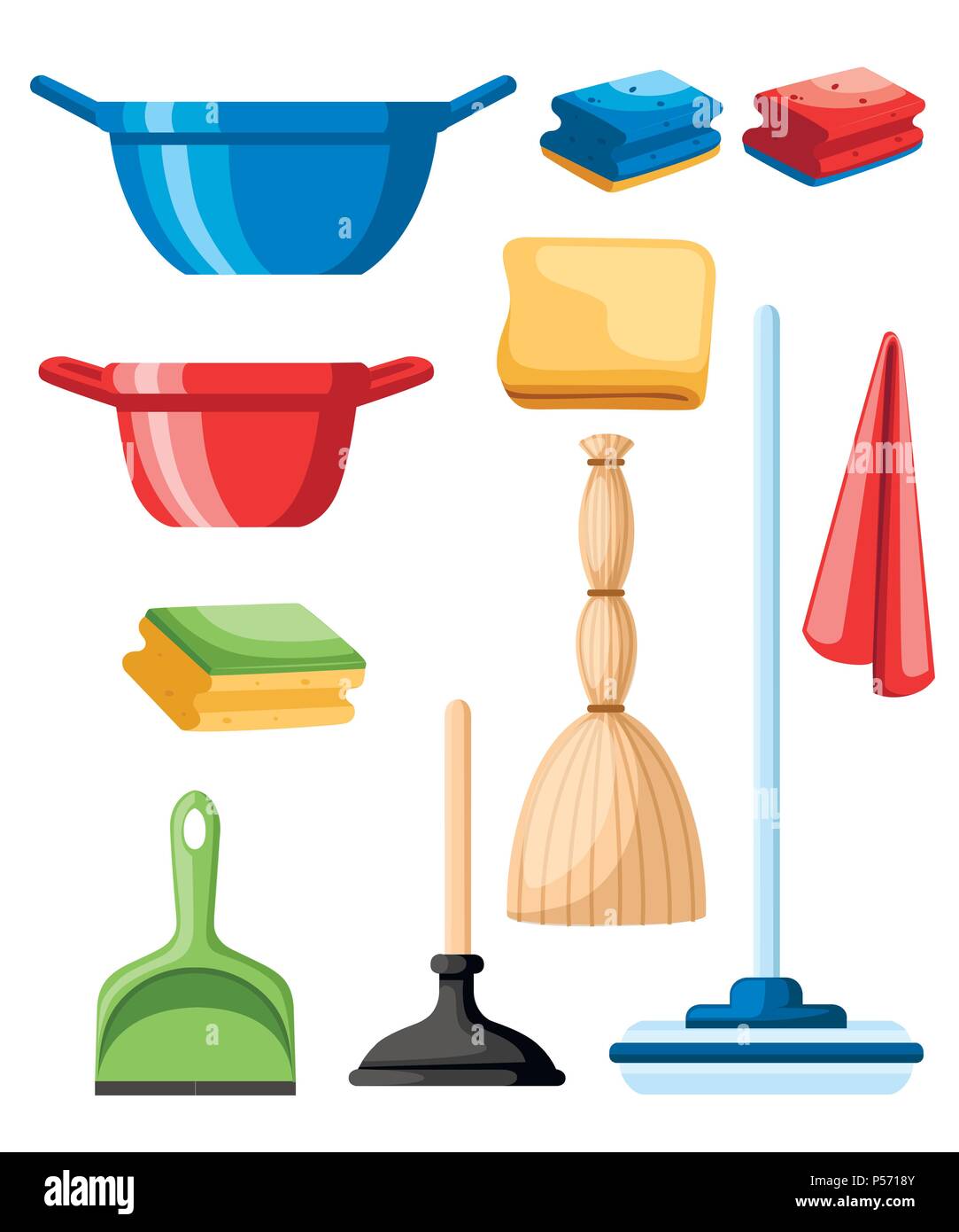 Cleaning set objects. Plastic dustpan and bowl. Mop, suction cup and rags. Flat design style. Vector illustration isolated on white background. Stock Vector