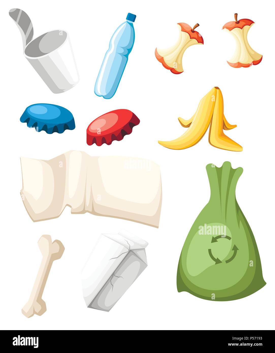 Garbage collection icon. Trash set. Plastic, organic and metal waste ...