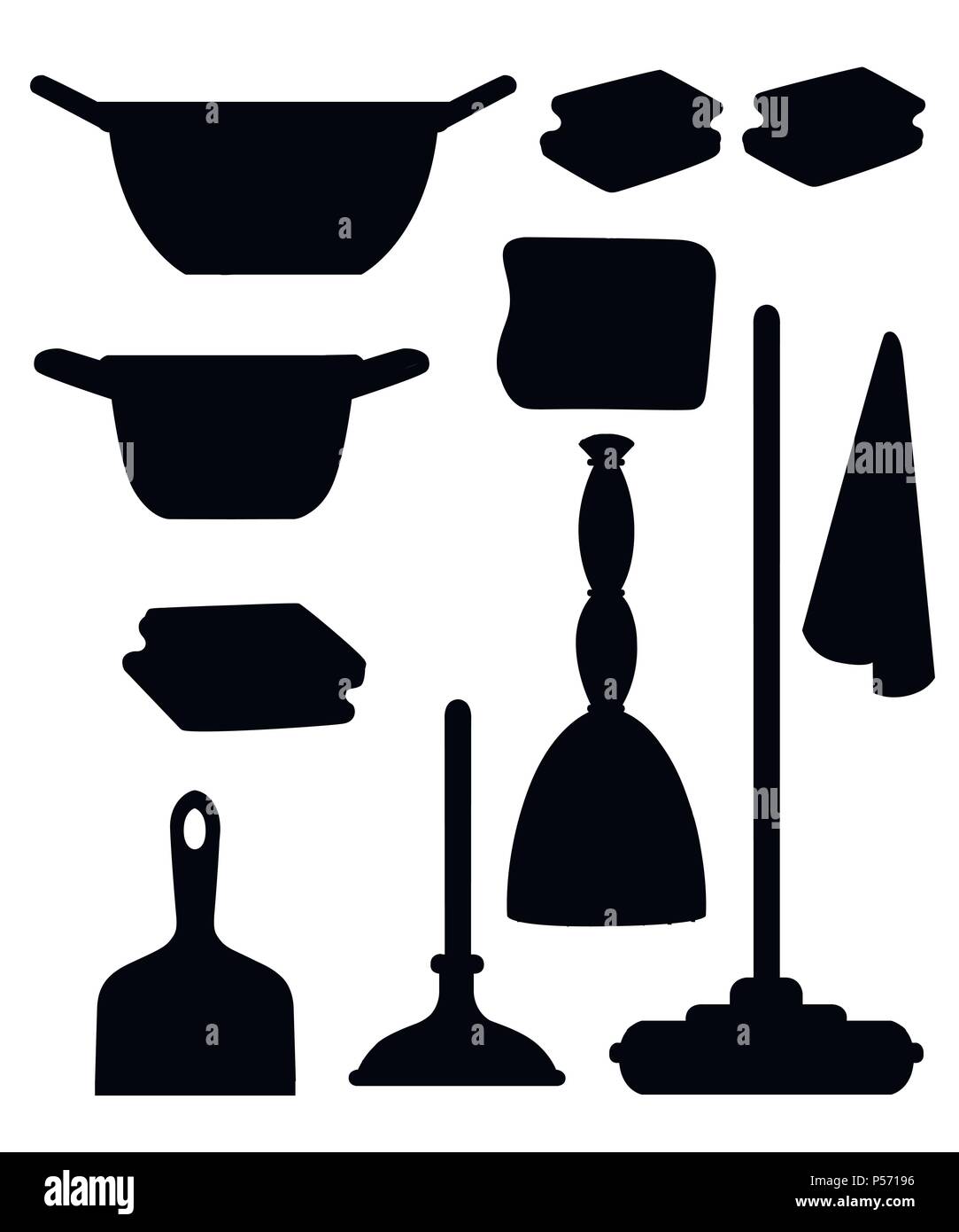 Black silhouette. Cleaning set objects. Plastic dustpan and bowl. Mop, suction cup and rags. Flat design style. Vector illustration isolated on white  Stock Vector