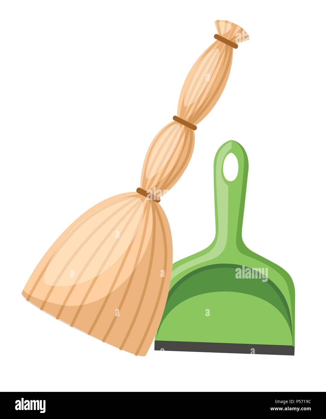 Green plastic dustpan with yellow broom. Flat design style. Cleaning set objects. Vector illustration isolated on white background. Stock Vector