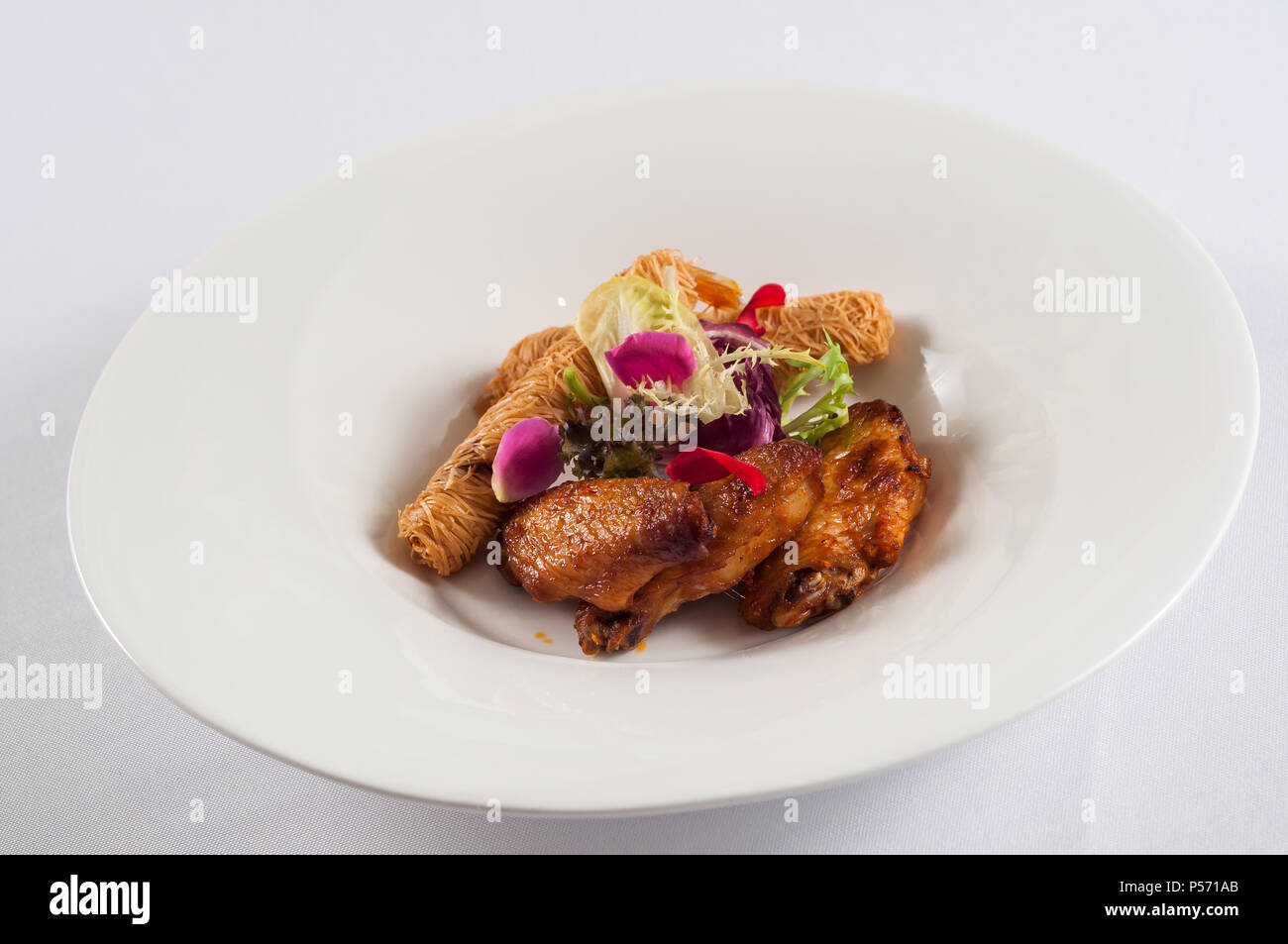 Roast Chicken wings with noodles shrimp tempura Stock Photo Alamy