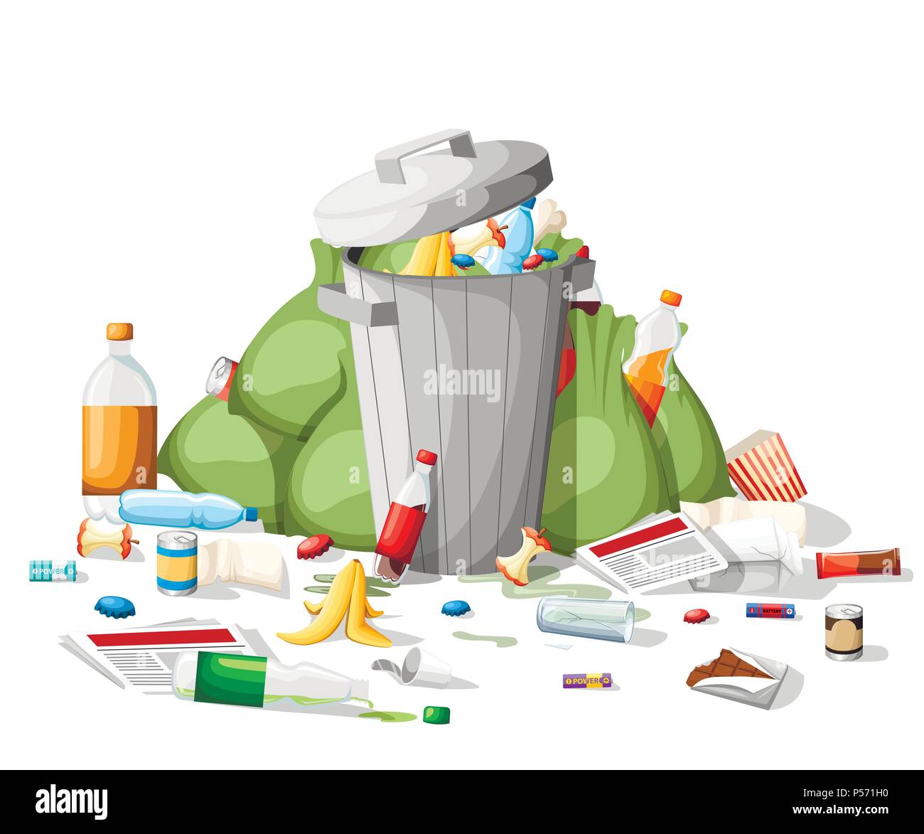 Littering garbage. Pile of garbage in flat style. Steel garbage bin full of trash. Green bags, food, paper, plastic. Vector illustration isolated on w Stock Vector